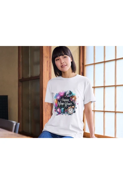 Yeni Yıl Konseptli Tişört Çocuk Yetişkin Beyaz T-shirt Unisex Happy New Year Tişört