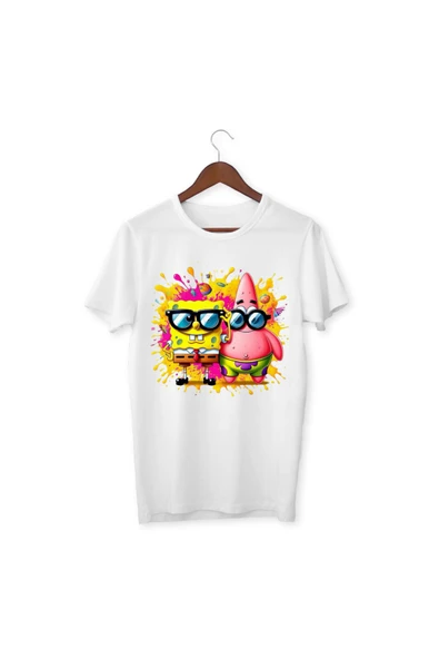 Sünger Bob Tişört Çocuk Yetişkin Beyaz T-shirt Unisex Çocuk Tişört ürün görseli