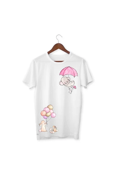 Fil Tavşan Baskılı Beyaz Tişört Fil ve Tavşan Çocuk T-shirt