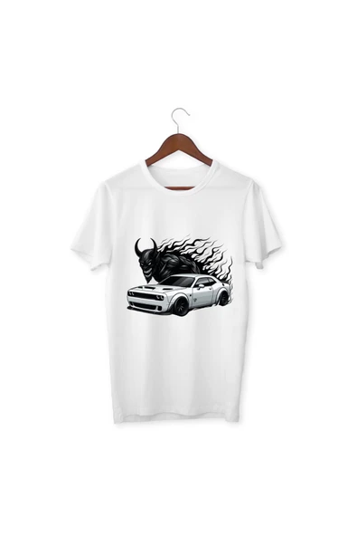 Araba Baskılı Tişört Yetişkin/Çocuk Beyaz T-shirt