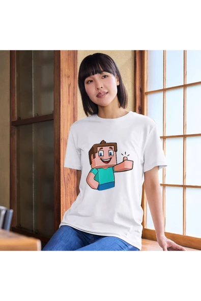 Steve Onaylıyor Tişörtleri Beyaz Unisex T-shirt Minecraft Steve Tişört Çocuk Yetişkin Tişört - Resim 2