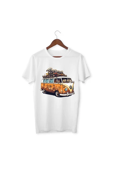 Araba Baskılı Vosvos Tişört Çocuk Yetişkin Beyaz T-shirt Unisex Tişört