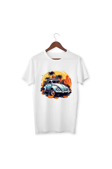 Araba Vosvos Tişört Baskılı Çocuk Yetişkin Beyaz T-shirt Unisex Tişört