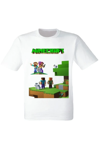 Karışık Minecraft Baskılı Beyaz Tişört
