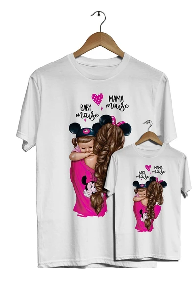 Unisex Anne ve Çocuk  Beyaz   Mama Mouse Baby Mouse Dijital Baskılı T-Shirt - 2