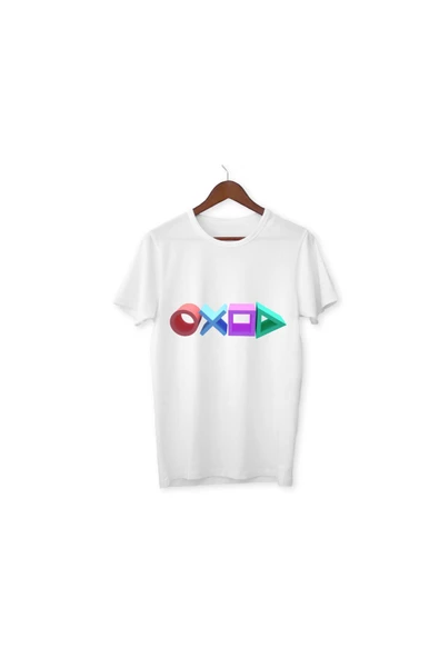 Oyun Konsol Düğmeli Baskılı Beyaz Tshirt