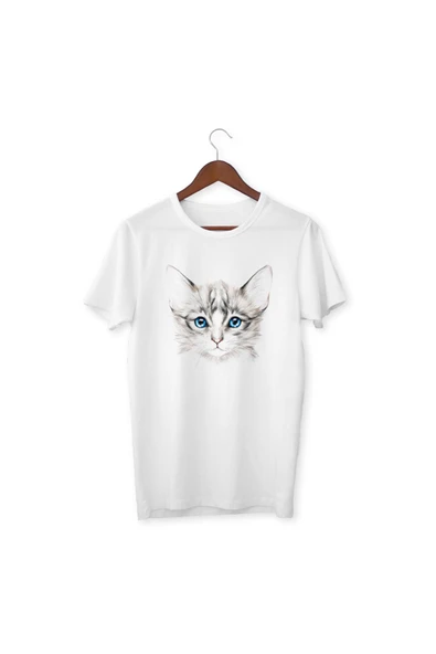 Kedi Baskılı Çocuk Yetişkin Beyaz T-shirt Unisex Çocuk Tişört ürün görseli