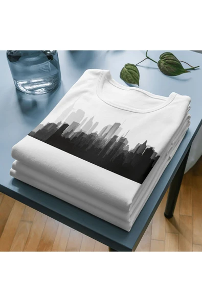 Şehir Silüet Baskılı Bayaz Tişört Yetişkin/Çocuk Beyaz T-shirt - 4
