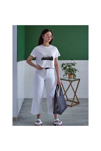 Şehir Silüet Baskılı Bayaz Tişört Yetişkin/Çocuk Beyaz T-shirt - 2