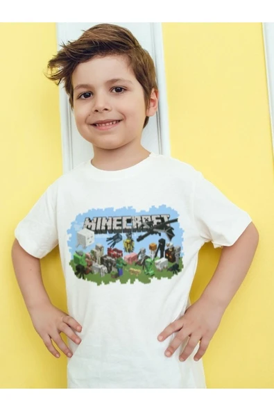 Minecraft Baskılı Beyaz Tişört