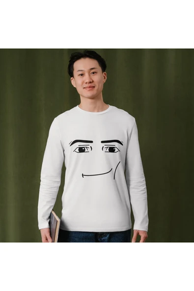 Roblox Face Man Uzun Kollu İnce Tişört Beyaz Unisex Tshirt Roblox Tişört - Resim 2