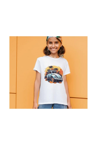Araba Vosvos Tişört Baskılı Çocuk Yetişkin Beyaz T-shirt Unisex Tişört - 3