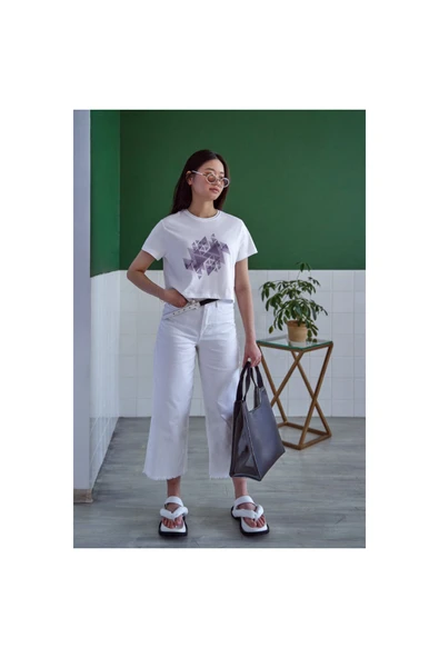 Asimetrik Şekil Baskılı Bayaz Tişört Yetişkin/Çocuk Beyaz T-shirt - 2