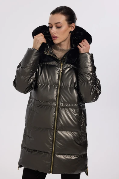 Ekol Kapüşonlu Oversize Midi Şişme Kadın Manto - Sıcak ve Şık Kışlık - 4