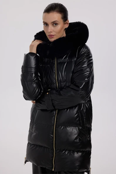 Ekol Kapüşonlu Oversize Midi Şişme Kadın Manto - Sıcak ve Şık Kışlık