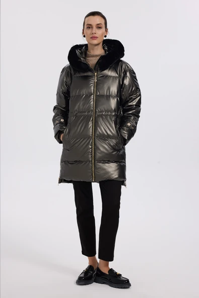 Ekol Kapüşonlu Oversize Midi Şişme Kadın Manto - Sıcak ve Şık Kışlık - 5