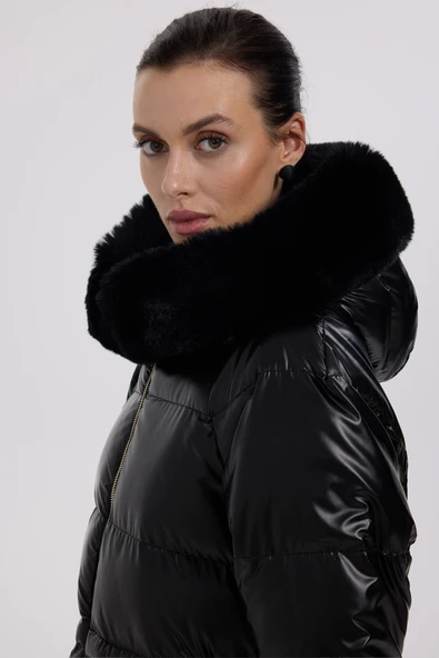 Ekol Kapüşonlu Oversize Midi Şişme Kadın Manto - Sıcak ve Şık Kışlık - 2