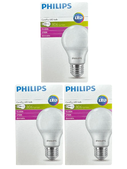 (3 Adet) Philips 8,5W (60W) 2700K (Sarı Işık) Dim Edilebilir E27 Duylu (Kalın Duy) Led Ampul
