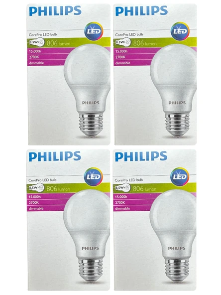 (4 Adet) Philips 8,5W (60W) 2700K (Sarı Işık) Dim Edilebilir E27 Duylu (Kalın Duy) Led Ampul