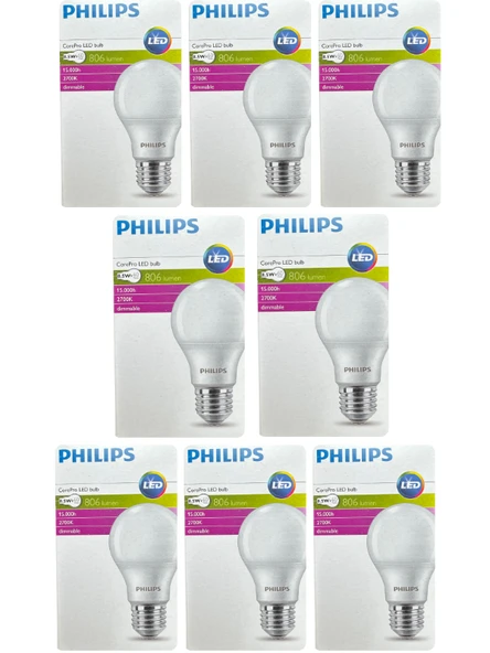 (8 Adet) Philips 8,5W (60W) 2700K (Sarı Işık) Dim Edilebilir E27 Duylu (Kalın Duy) Led Ampul