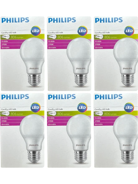 (6 Adet) Philips 8,5W (60W) 2700K (Sarı Işık) Dim Edilebilir E27 Duylu (Kalın Duy) Led Ampul