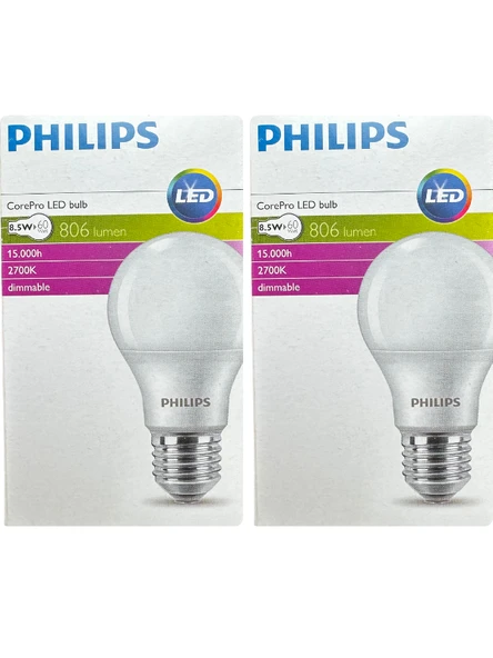 (2 Adet) Philips 8,5W (60W) 2700K (Sarı Işık) Dim Edilebilir E27 Duylu (Kalın Duy) Led Ampul