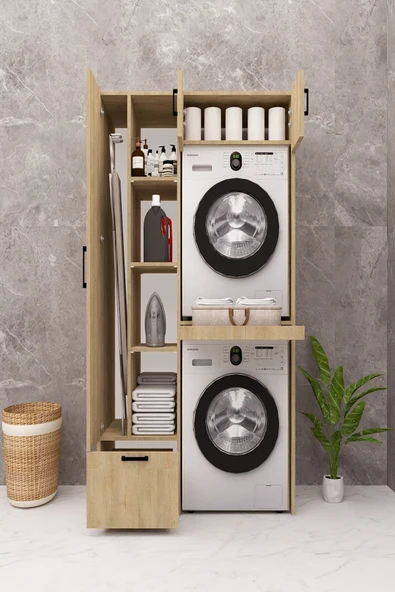 DEMİRBAL MOBİLYA MDF ÇAMAŞIR MAKİNESİ KURUTMA MAKİNESİ DOLABI ÜTÜ MASALI ÇEKMECELİ