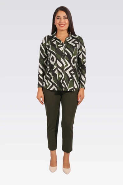 Tolga Saraçoğlu Minimalist Geometrik Desenli Uzun Kol Kadın Bluz TS10933