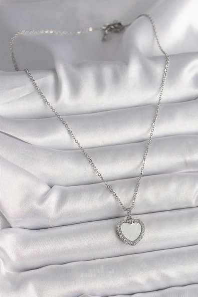 Gümüş Renk Zincir Zirkon Taşlı Beyaz Mineli Kalp Model Kadın Kolye - EBJ250207W31075 - Resim 2