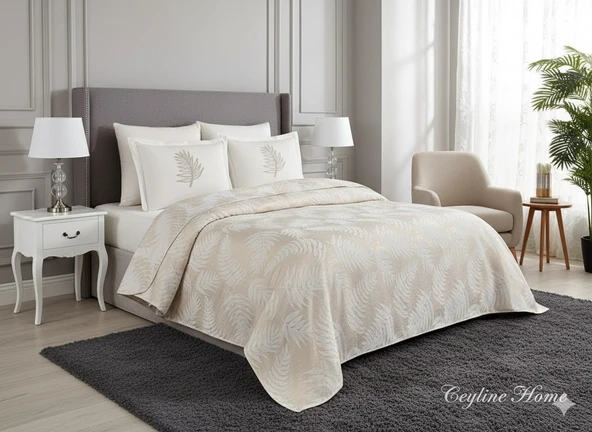 PALMİYE 7 PARÇALI GELİN PİKE TAKIMI ÇİFT KİŞİLİK KREM ürün görseli