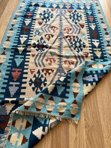 96x170 cm El Dokuma Türk Halısı, Akrep Motifli Mavi ve Kahverengi Kilim, Bohem Vintage Oturma Odası Halısı