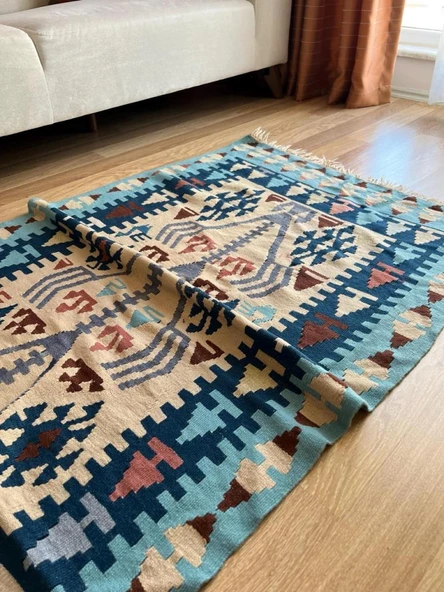 96x170 cm El Dokuma Türk Halısı, Akrep Motifli Mavi ve Kahverengi Kilim, Bohem Vintage Oturma Odası Halısı - 3