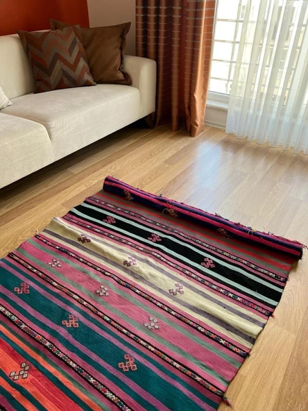 116x195 cm Çizgili Desen Türk Kilimi, Renkli El Dokuma Yün Kilim, Orta Boy Dekoratif Kilim, Bohem Tarz