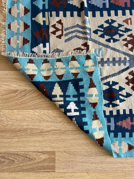 96x170 cm El Dokuma Türk Halısı, Akrep Motifli Mavi ve Kahverengi Kilim, Bohem Vintage Oturma Odası Halısı - 6