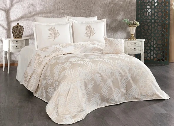 PALMİYE 7 PARÇALI GELİN PİKE TAKIMI ÇİFT KİŞİLİK KREM - Resim 2