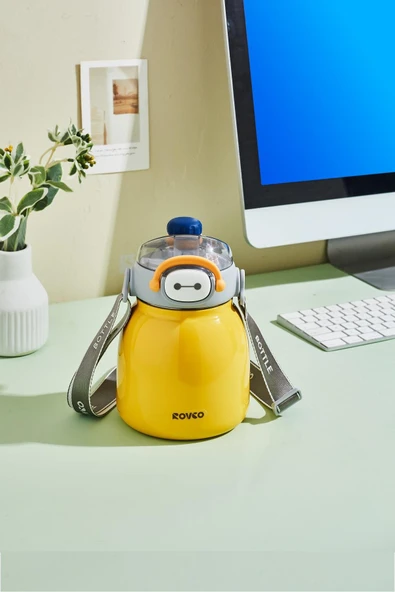 Rovco 1000ml Çelik Termos Çift Kullanım Pipetli/ Rahat İçim Askılı Sticker Hediyeli 6 saat yalıtım - 10