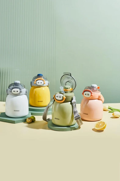 Rovco 1000ml Çelik Termos Çift Kullanım Pipetli/ Rahat İçim Askılı Sticker Hediyeli 6 saat yalıtım