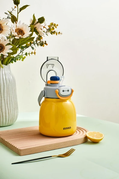 Rovco 1000ml Çelik Termos Çift Kullanım Pipetli/ Rahat İçim Askılı Sticker Hediyeli 6 saat yalıtım - 9