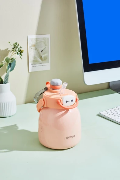 Rovco 1000ml Çelik Termos Çift Kullanım Pipetli/ Rahat İçim Askılı Sticker Hediyeli 6 saat yalıtım - 4