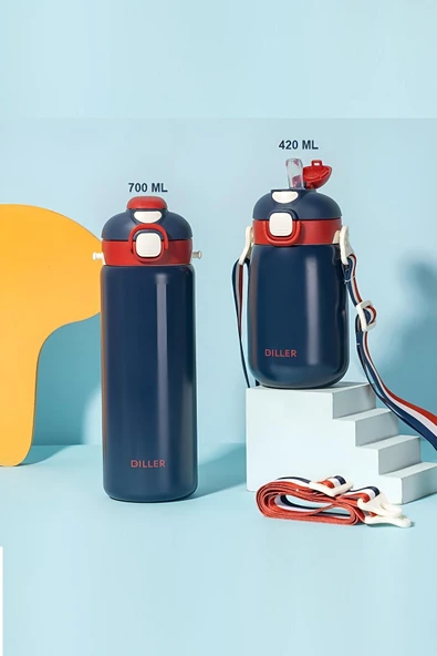DILLER 700ml Tek Kapak Çift Kullanım Pipetli/Pipetsiz Askılı Çelik Su Matarası  6 saat sıcak/soğuk - 3