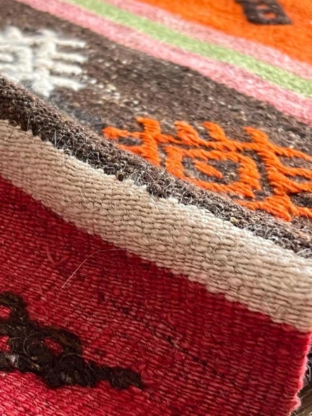 60x152 cm Turuncu Kahverengi Türk Kilim, El Dokuma Yün Kilim, Pıtrak Motifi ve Çizgili Desen, Vintage Bohem Kilim - 4