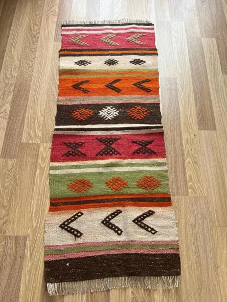 60x152 cm Turuncu Kahverengi Türk Kilim, El Dokuma Yün Kilim, Pıtrak Motifi ve Çizgili Desen, Vintage Bohem Kilim