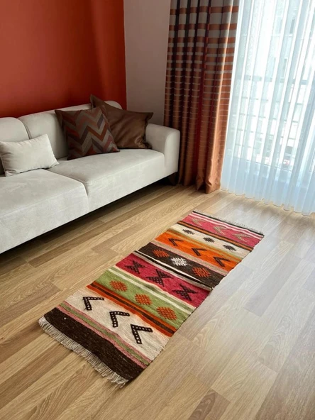 60x152 cm Turuncu Kahverengi Türk Kilim, El Dokuma Yün Kilim, Pıtrak Motifi ve Çizgili Desen, Vintage Bohem Kilim - 2