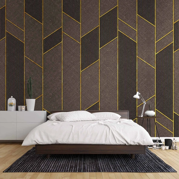 Ahşap Kahverengi Gold Desenli 3 Boyutlu 3D Duvar Kağıdı - 2