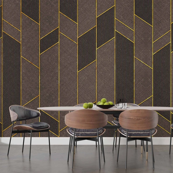 Ahşap Kahverengi Gold Desenli 3 Boyutlu 3D Duvar Kağıdı - 5