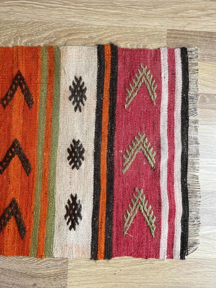 60x152 cm Turuncu Kahverengi Türk Kilim, El Dokuma Yün Kilim, Pıtrak Motifi ve Çizgili Desen, Vintage Bohem Kilim - 8