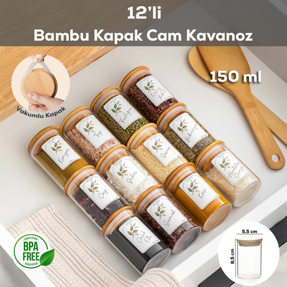 Porsima 3179 Cam 12 Parça Vakumlu Bambu Kapaklı Baharatlık Seti Takımı, Saklama Kabı Etiketli (150ml)