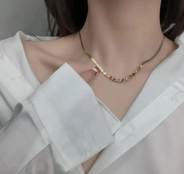 Renkli Taşlı Çelik KolyeSns2029012 - Resim 2