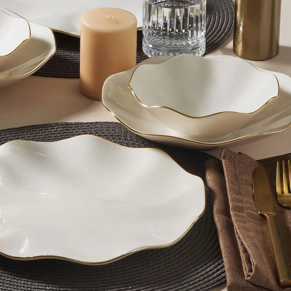 GÜRAL PORSELEN Nesrin 18 Parça 6 Kişilik Yemek Takımı Altın File 20 - Resim 2