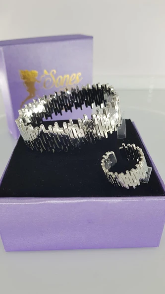 Gümüş Rengi Çelik Kelepçe ve Yüzük 312 - Resim 2